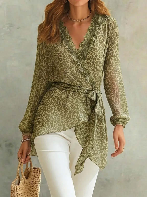 Women's Retro Leopard Art Print Casual Ruffled Stylish Long Sleeve Shirt