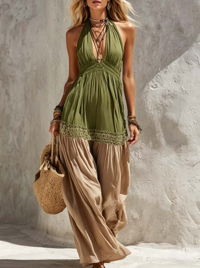 Bohemian-style Color-block Cotton-linen Halter Dress