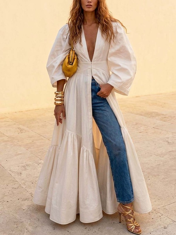 Women's Solid Color Art Casual Long Sleeve Stylish Long Dress