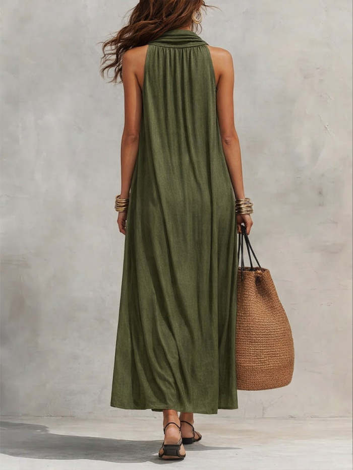 Casual Cowl-neck Sleeveless Linen-cotton Dress