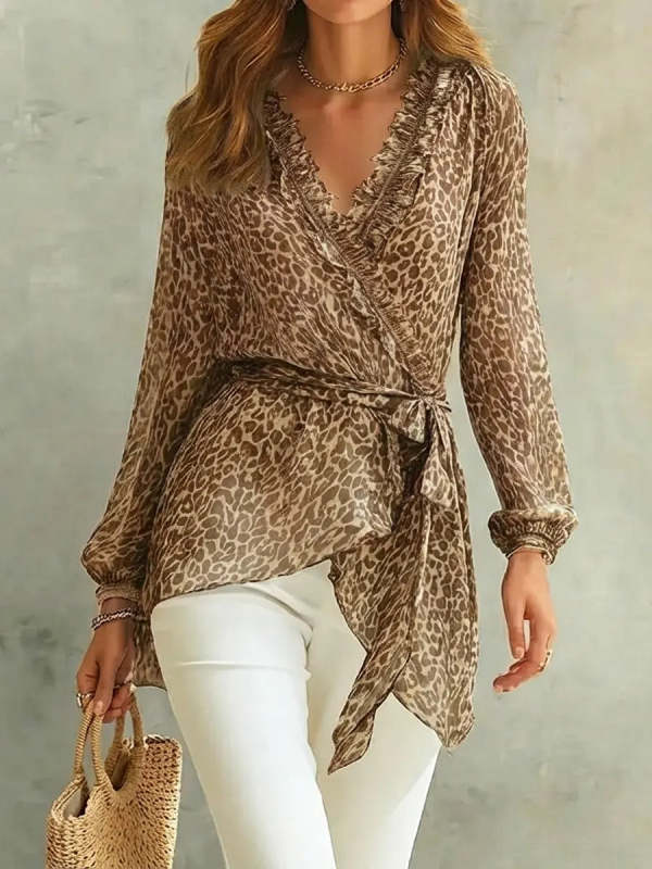 Women's Retro Leopard Art Print Casual Ruffled Stylish Long Sleeve Shirt