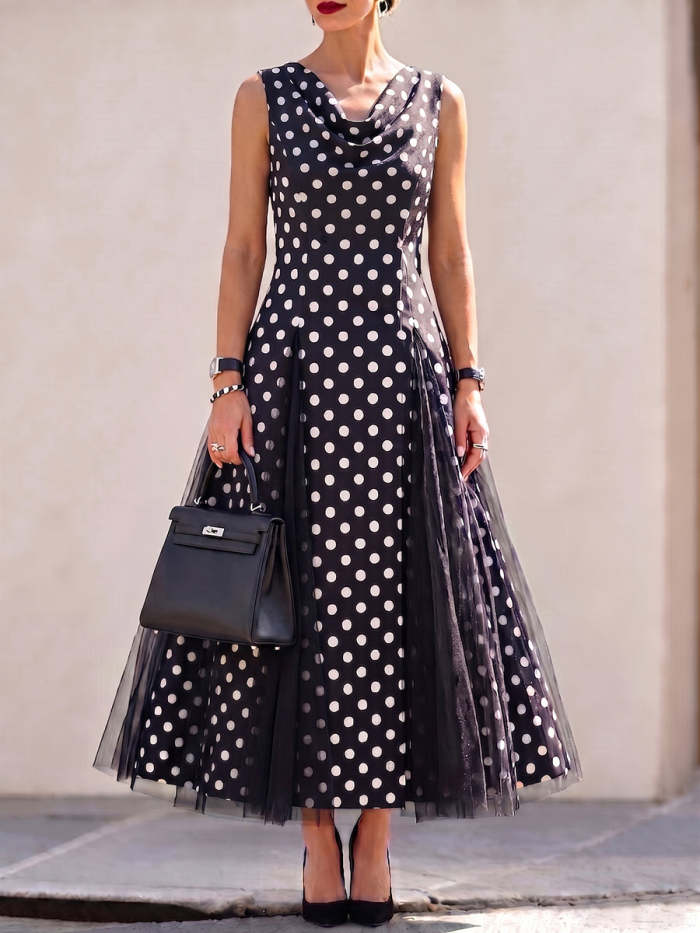 Cowl Neck Polka-dot Print Organza-paneled Hem Stretch Dress