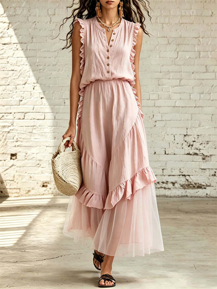 Women's Minimalist Cotton-linen Sleeveless Dress With Gauze Hem