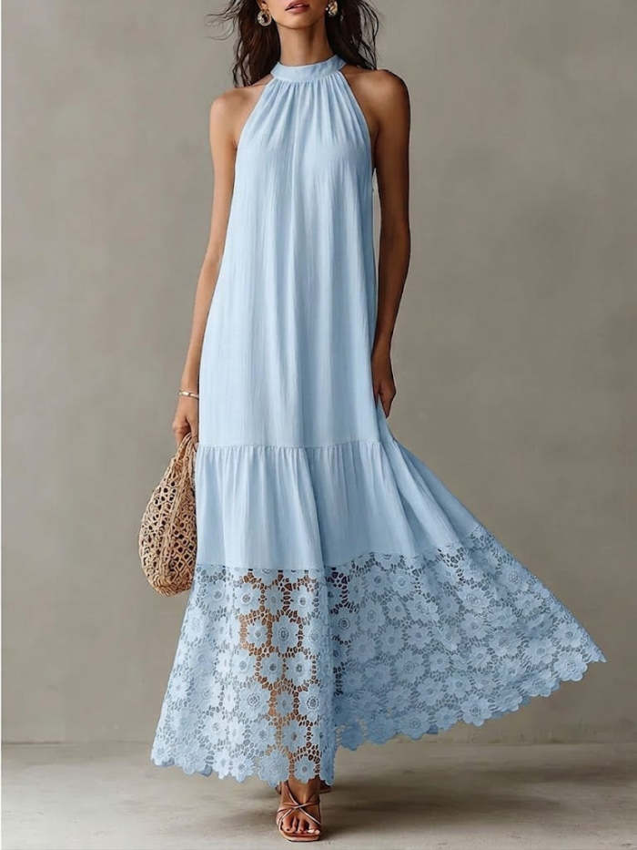 Casual Sleeveless Linen And Cotton Dress With Lace-paneled Hem