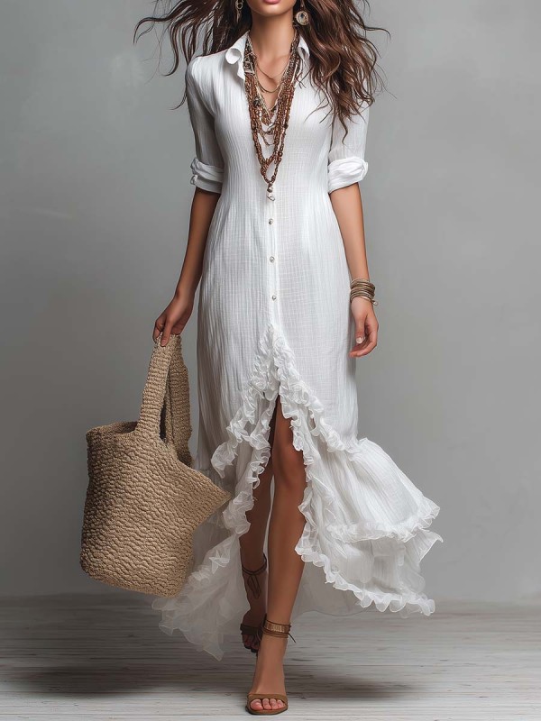 Women's Bohemian Style Ruffle Cotton And Linen Shirt Dress