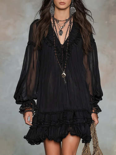 Bohemian-style V-neck Ruffled Lantern-sleeve Dress