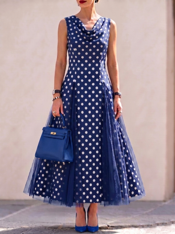 Cowl Neck Polka-dot Print Organza-paneled Hem Stretch Dress