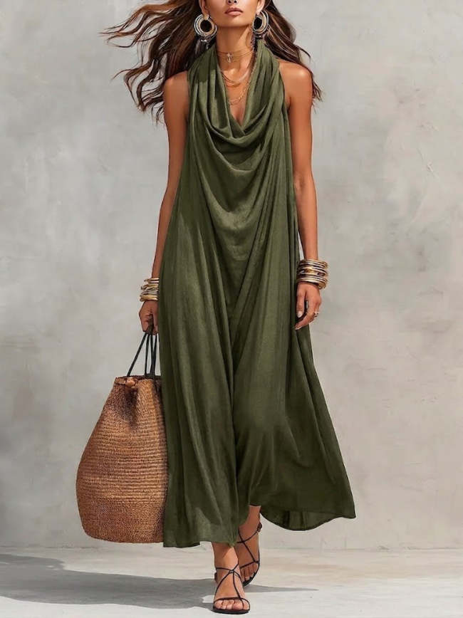 Casual Cowl-neck Sleeveless Linen-cotton Dress
