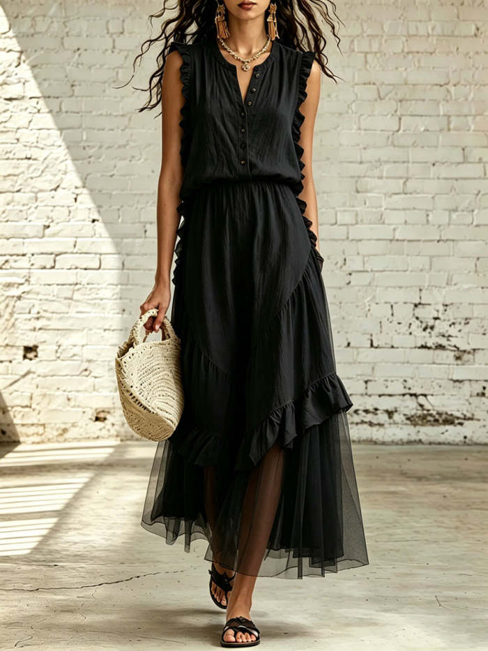 Women's Minimalist Cotton-linen Sleeveless Dress With Gauze Hem