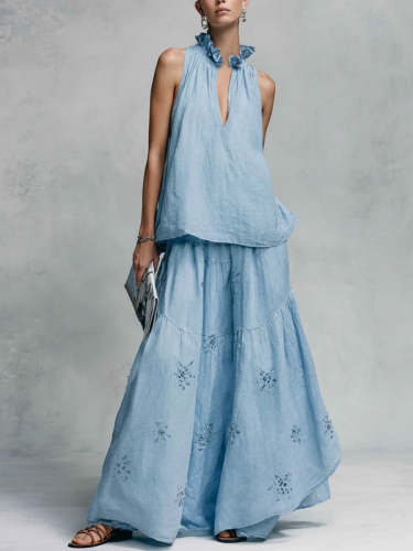 Casual And Comfortable Two-piece Set: Linen-cotton Top And Printed Skirt