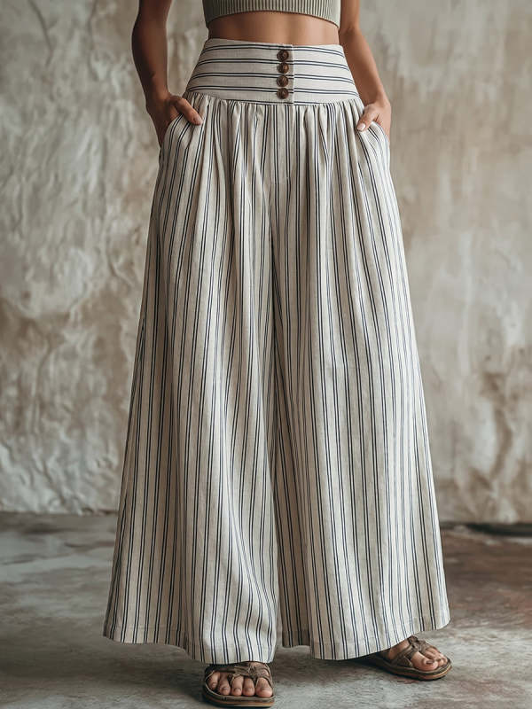 Casual & Cozy Striped High-waisted Cotton-linen Wide-leg Pants