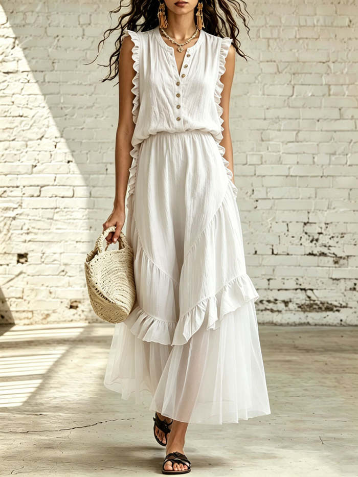 Women's Minimalist Cotton-linen Sleeveless Dress With Gauze Hem