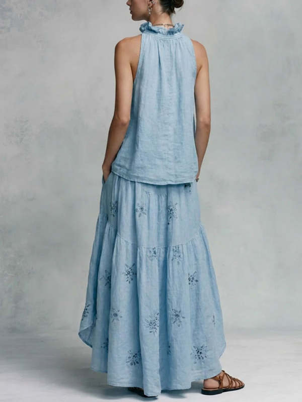 Casual And Comfortable Two-piece Set: Linen-cotton Top And Printed Skirt