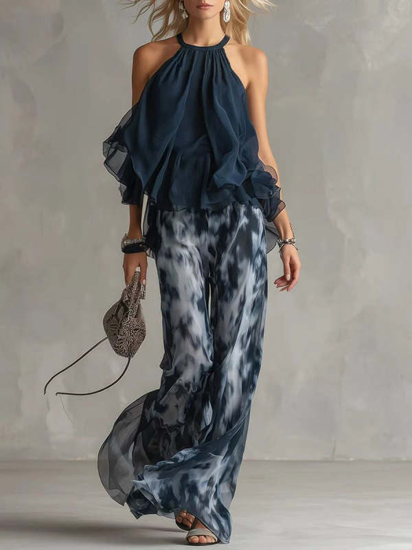 Women's Sleeveless Halter-neck Top And Printed Chiffon Pants Set