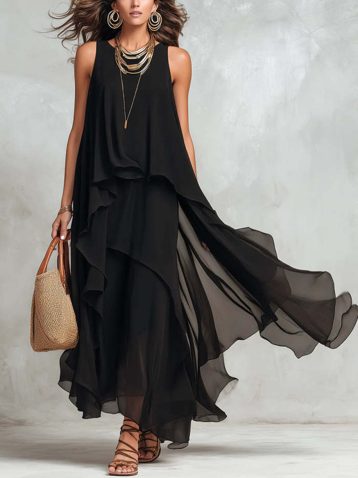 Black Chiffon Layered Round Neck Sleeveless Maxi Dress