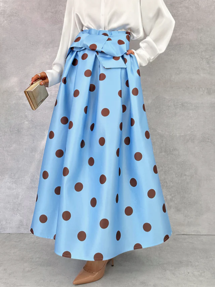 Retro Polka-dot Print Long Midi Skirt With Tie Waist