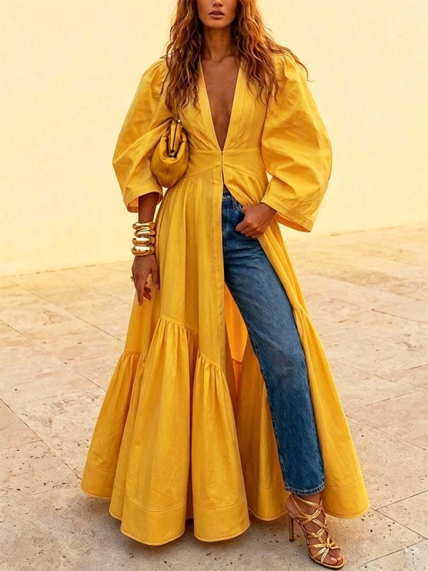 Women's Solid Color Art Casual Long Sleeve Stylish Long Dress