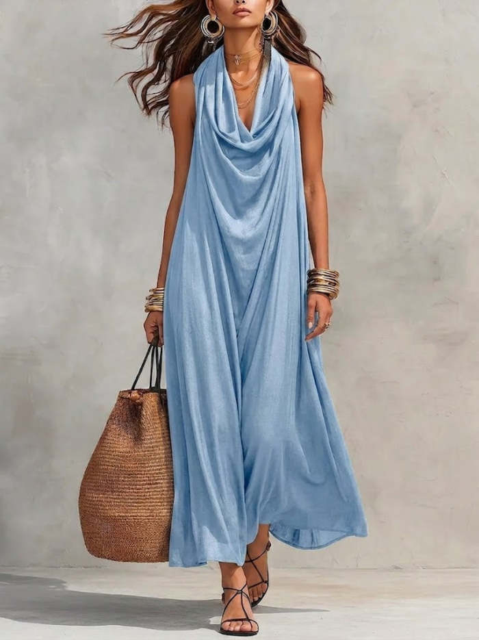 Casual Cowl-neck Sleeveless Linen-cotton Dress