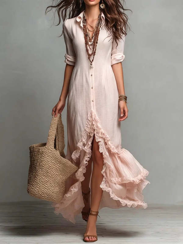 Women's Bohemian Style Ruffle Cotton And Linen Shirt Dress