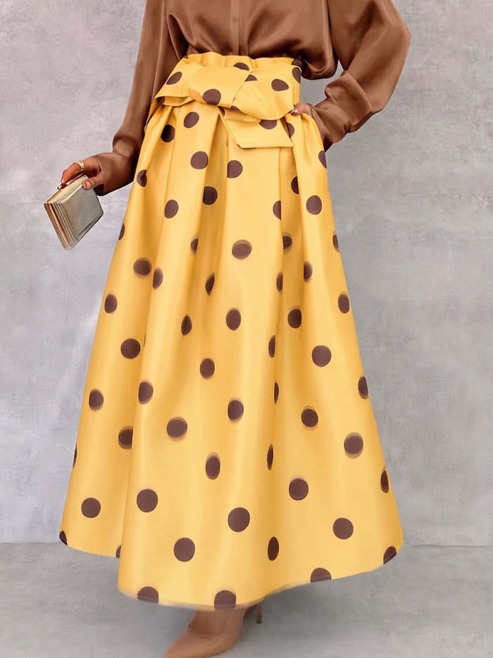 Retro Polka-dot Print Long Midi Skirt With Tie Waist