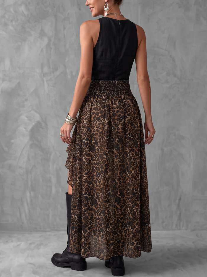 Split-Joint See-Through Leopard Elasticity Buckle Asymmetric High-Low High Waisted Skirts Bottoms