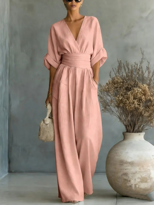 Women's Solid-Color Elegant V-Neck Jumpsuit with Waist-Defining Fit