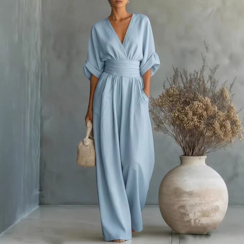 Women's Solid-Color Elegant V-Neck Jumpsuit with Waist-Defining Fit