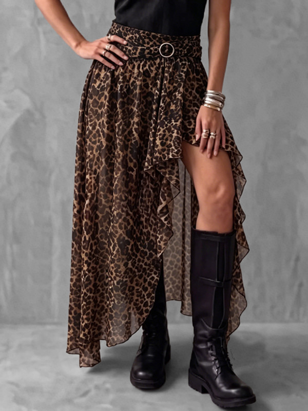 Split-Joint See-Through Leopard Elasticity Buckle Asymmetric High-Low High Waisted Skirts Bottoms