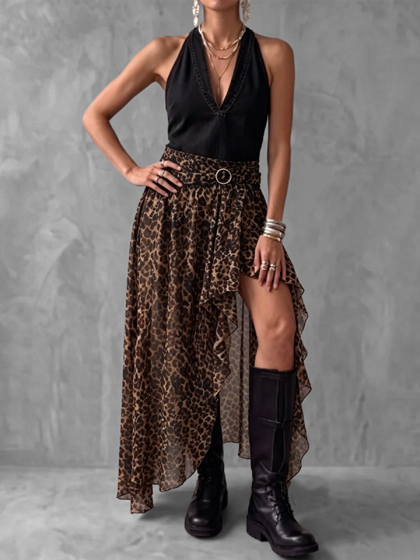 Split-Joint See-Through Leopard Elasticity Buckle Asymmetric High-Low High Waisted Skirts Bottoms
