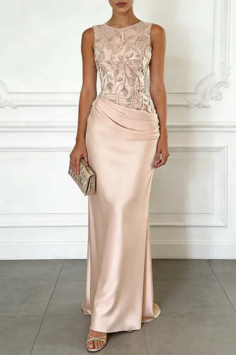 Mesh Embroidery Satin Ruched Crew Neck Sleeveless Gown Maxi Dress