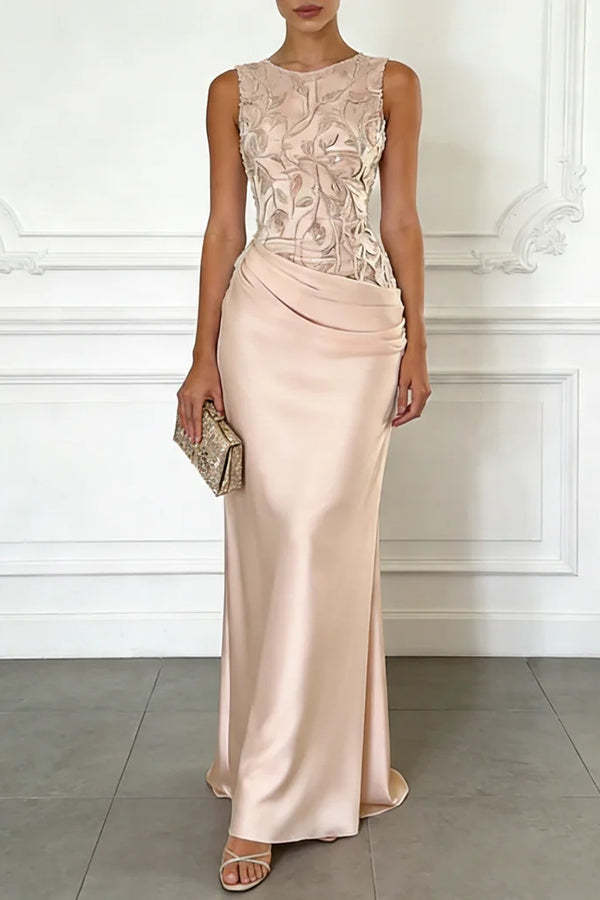 Mesh Embroidery Satin Ruched Crew Neck Sleeveless Gown Maxi Dress