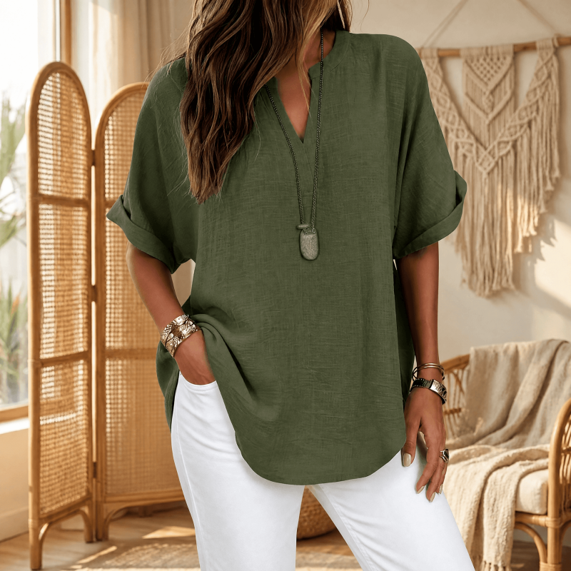 V Neck Blouse with Curved Hem