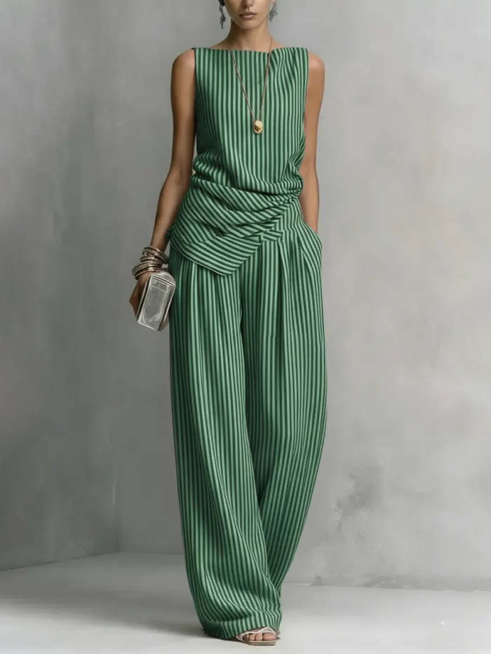 Women's Casual Simple Sleeveless Striped Cotton Linen Set