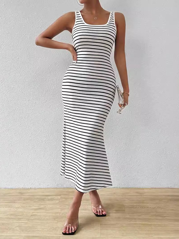 Striped Split-Joint Sleeveless Bodycon U-neck Midi Dresses