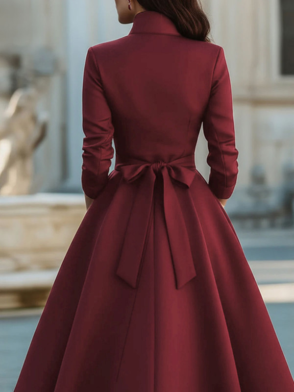 Split-Joint Solid Color Pockets Buttoned Long Sleeves High Waisted Stand Collar Midi Dresses