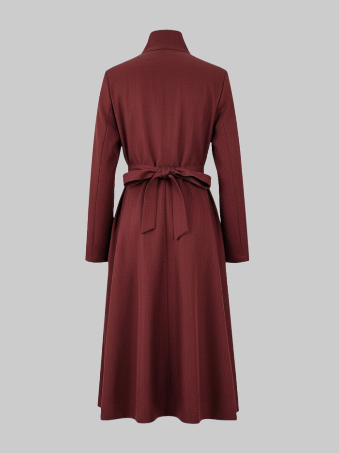 Split-Joint Solid Color Pockets Buttoned Long Sleeves High Waisted Stand Collar Midi Dresses