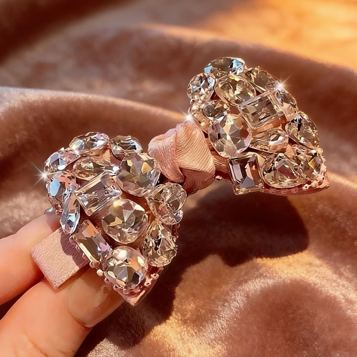 1 Light Luxury Full Diamond Pink Bow, Sparkling Diamond Broken Hair Temperament Hair Clip, Suitable for Wedding Season And Daily Styling, Fashion Additions, Ladies Hairpin