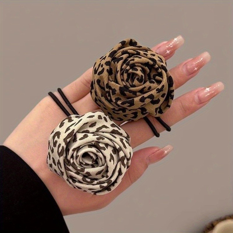 2pcs Leopard Print Rose Hair Ties - High-Elasticity Floral Pattern Headbands, Soft Stretch Hair Accessories for Women, Suitable for Casual and Formal Styling, Cute Hair Accessories, Fashionable Headbands, Comfortable to Wear, Durable Elastic