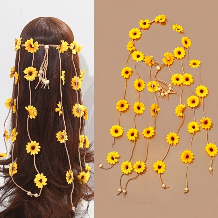 1pc Women's Bohemian Sunflower & Daisy Headband with Tassel - Multicolor Flower Hair Suitable for Vacation, Weddings, Parties, Braids, Buns, Hairstyles