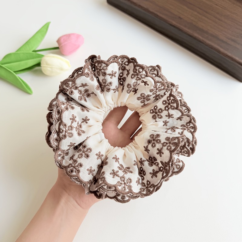1pc Women's Multi-Layered Lace Fabric Large Hair Tie\u002FElegant Black and White Floral Embroidery High-End Hair Accessory\u002FFashionable Back-of-Head Bun and Ponytail Hairstyle Design Accessory\u002FSuitable for Outdoor Daily Wear, Parties, and Travel