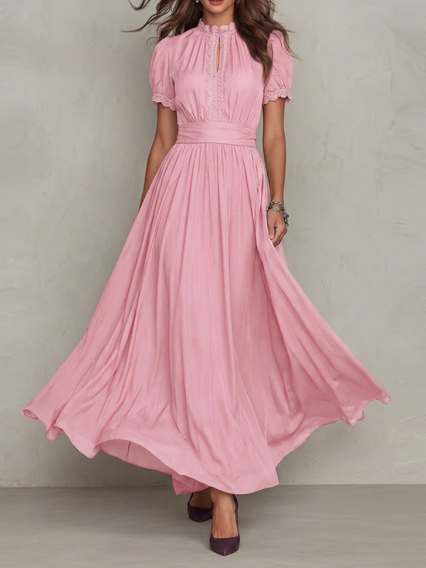 Solid Color Pleated Buttoned Short Sleeves Plus Size Round-neck Maxi Dresses