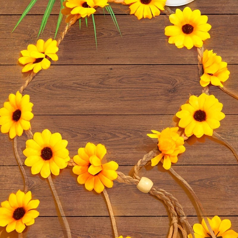 1pc Women's Bohemian Sunflower & Daisy Headband with Tassel - Multicolor Flower Hair Suitable for Vacation, Weddings, Parties, Braids, Buns, Hairstyles