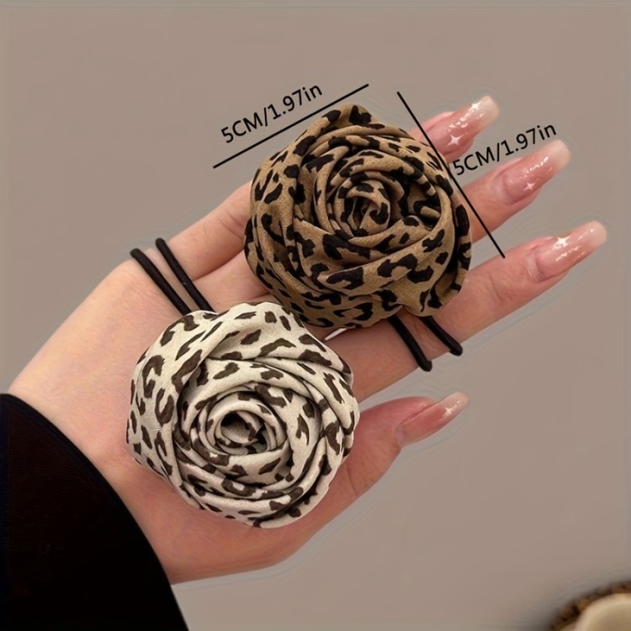 2pcs Leopard Print Rose Hair Ties - High-Elasticity Floral Pattern Headbands, Soft Stretch Hair Accessories for Women, Suitable for Casual and Formal Styling, Cute Hair Accessories, Fashionable Headbands, Comfortable to Wear, Durable Elastic