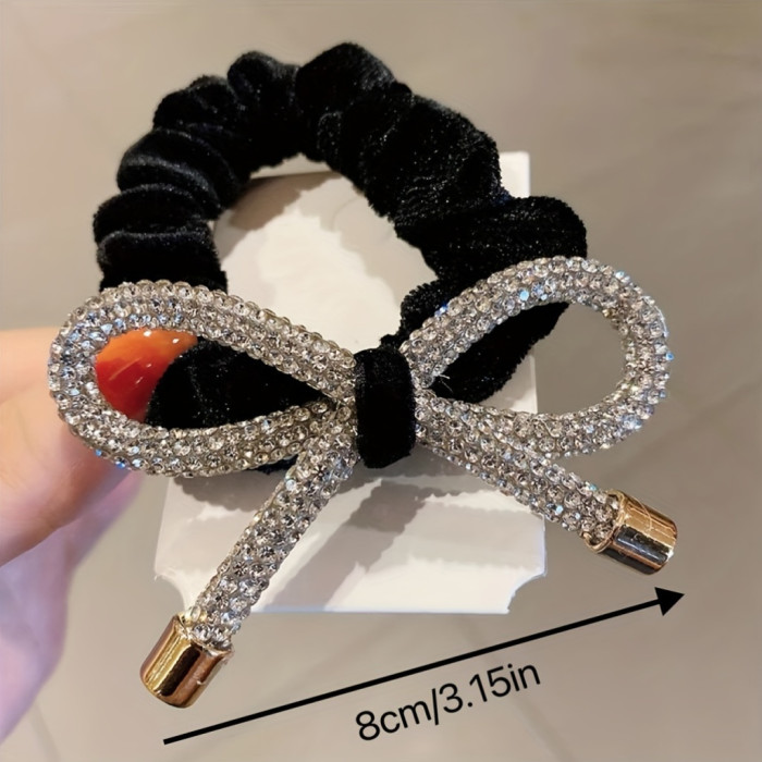 1pc of Fashionable Bow Super Flash Rhinestone Women'S Hair Tie Retro Velvet Versatile Hair Additions Hair Rope