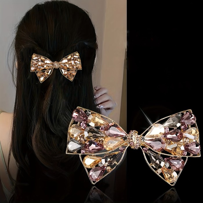 Fashion Crystal Hair Clip Large Double-Layer Bow Hairpin Temperament Multi-Color Spring Clip Hair Bun Ponytail Clip Suitable for Many Occasions Elegant Top Clip Headwear