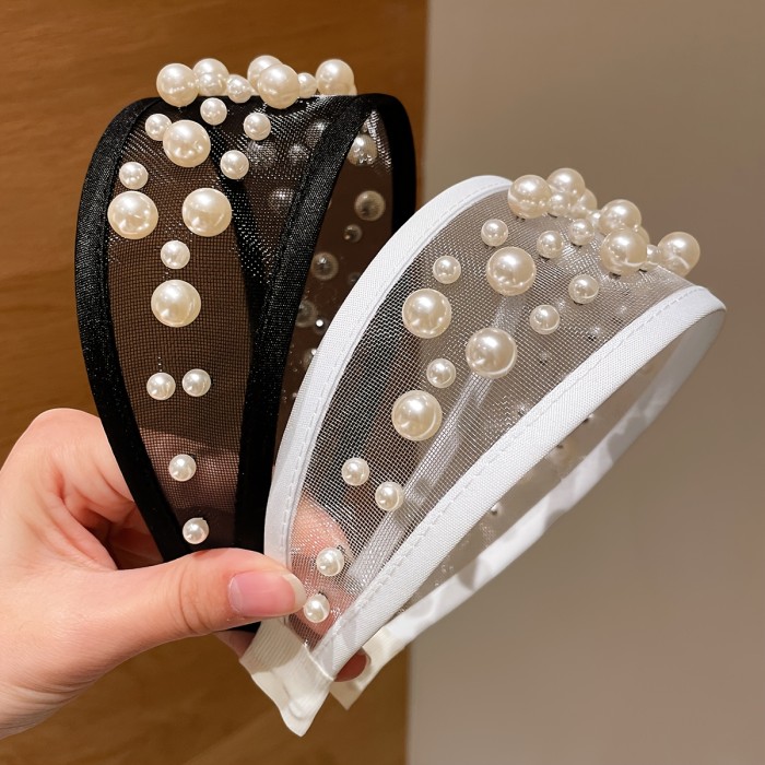 Beaded Mesh Headband Women's Black Mesh Headband - 1pc New Cross-Border Beaded Wide-Brim Tulle Hairband Headpiece Hair Accessory