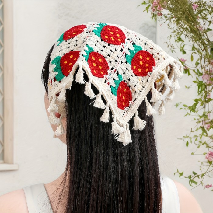 1pc of Women'S Beige Floral Knitted Lace Tassel Headband Suitable for Everyday Wear, Sports, And Beach Vacations.