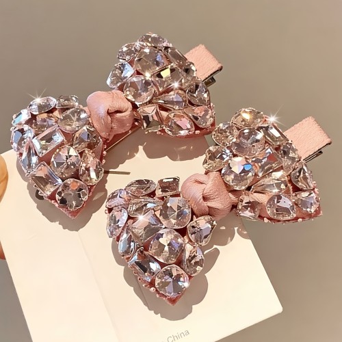 1 Light Luxury Full Diamond Pink Bow, Sparkling Diamond Broken Hair Temperament Hair Clip, Suitable for Wedding Season And Daily Styling, Fashion Additions, Ladies Hairpin