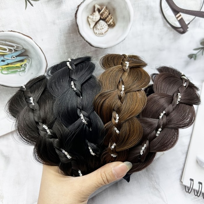 Rhinestone Fishbone Braids Hairband for Women, Non-Slip Elevating Headband, Fashionable Hair Accessory, High Cranial Top Holder, Trendy Hair Extension