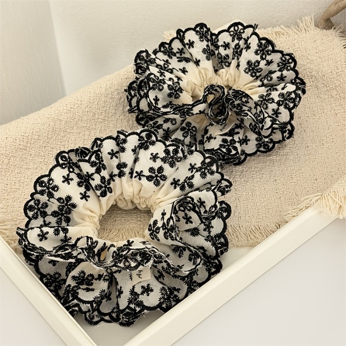 1pc Women's Multi-Layered Lace Fabric Large Hair Tie\u002FElegant Black and White Floral Embroidery High-End Hair Accessory\u002FFashionable Back-of-Head Bun and Ponytail Hairstyle Design Accessory\u002FSuitable for Outdoor Daily Wear, Parties, and Travel
